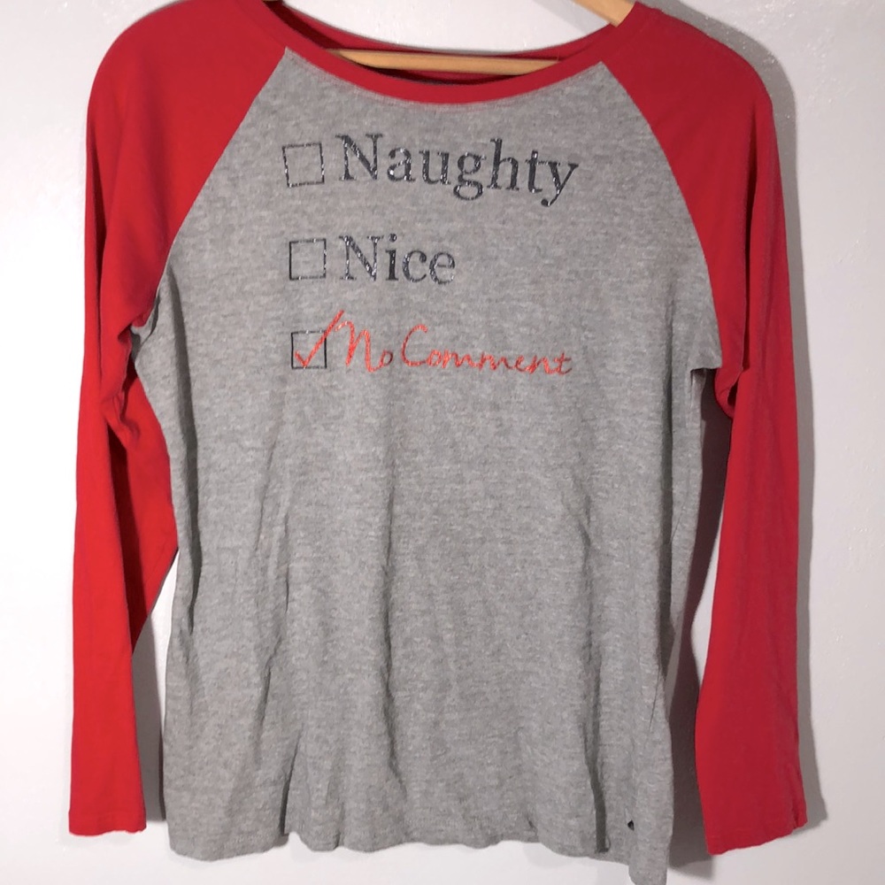 “Naughty, Nice, No Comment” Women’s Grey and Red Baseball Tee size M Christmas - Picture 4 of 12